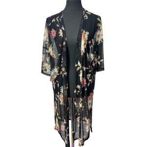 Maternity Vibes‎ Black Floral Print Sheer Long Cardigan Coverup Size Small